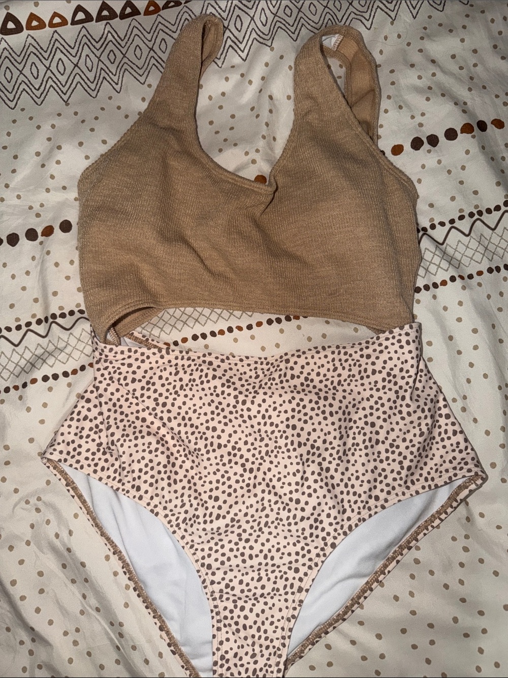 Neutral Two-Piece Bikini Set - Taupe Top & Speckled High-Waist Bottoms